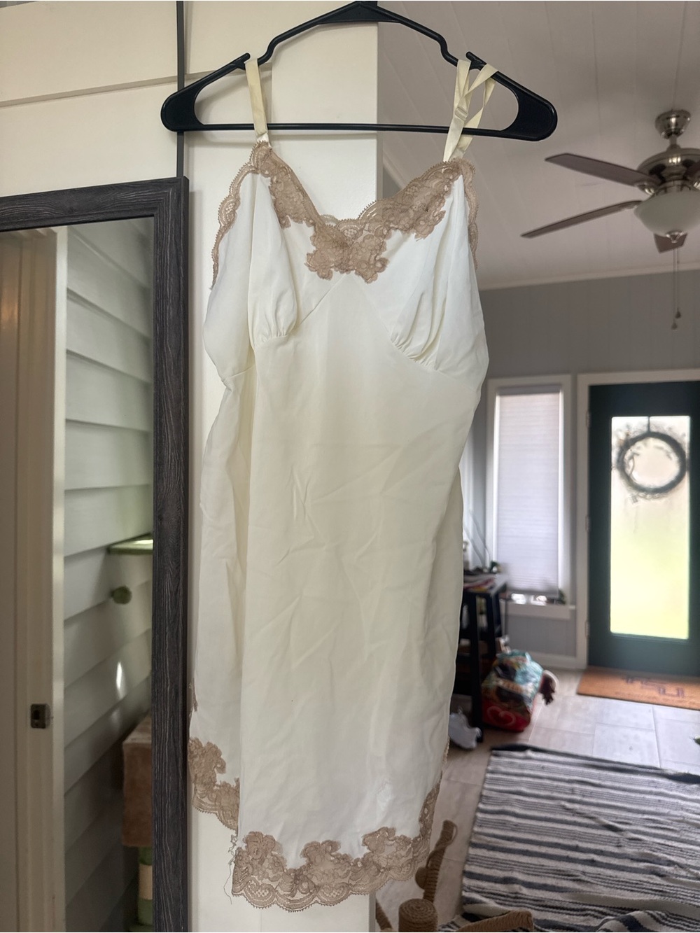 Ivory Slip Chemise with Beige Lace Trim